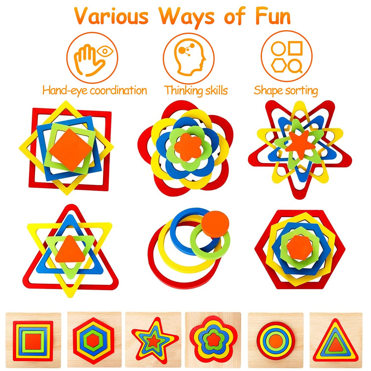 Toddler Puzzles Montessori Toy Wooden Shape Sorting Puzzle Sensory Toy Toddle…
