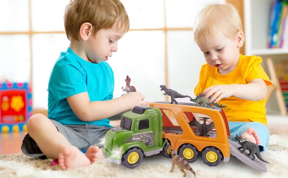 Kids Boys Toy Dinosaur Play Set w/ Car Transport Truck Jurassic Action Figures