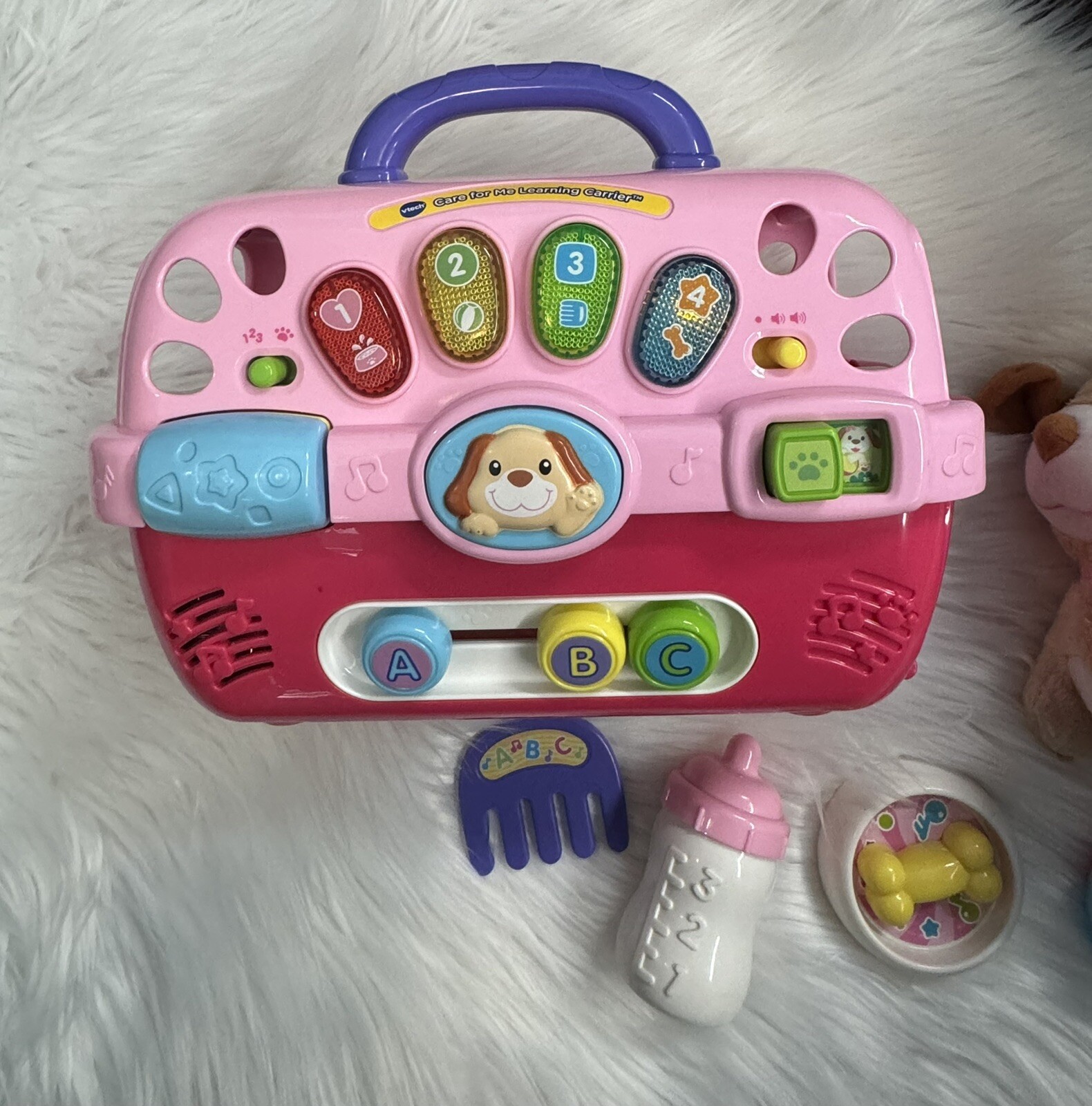 Vtech Care for Me Learning Puppy Carrier Toy Includes Accessories Works Pink Dog