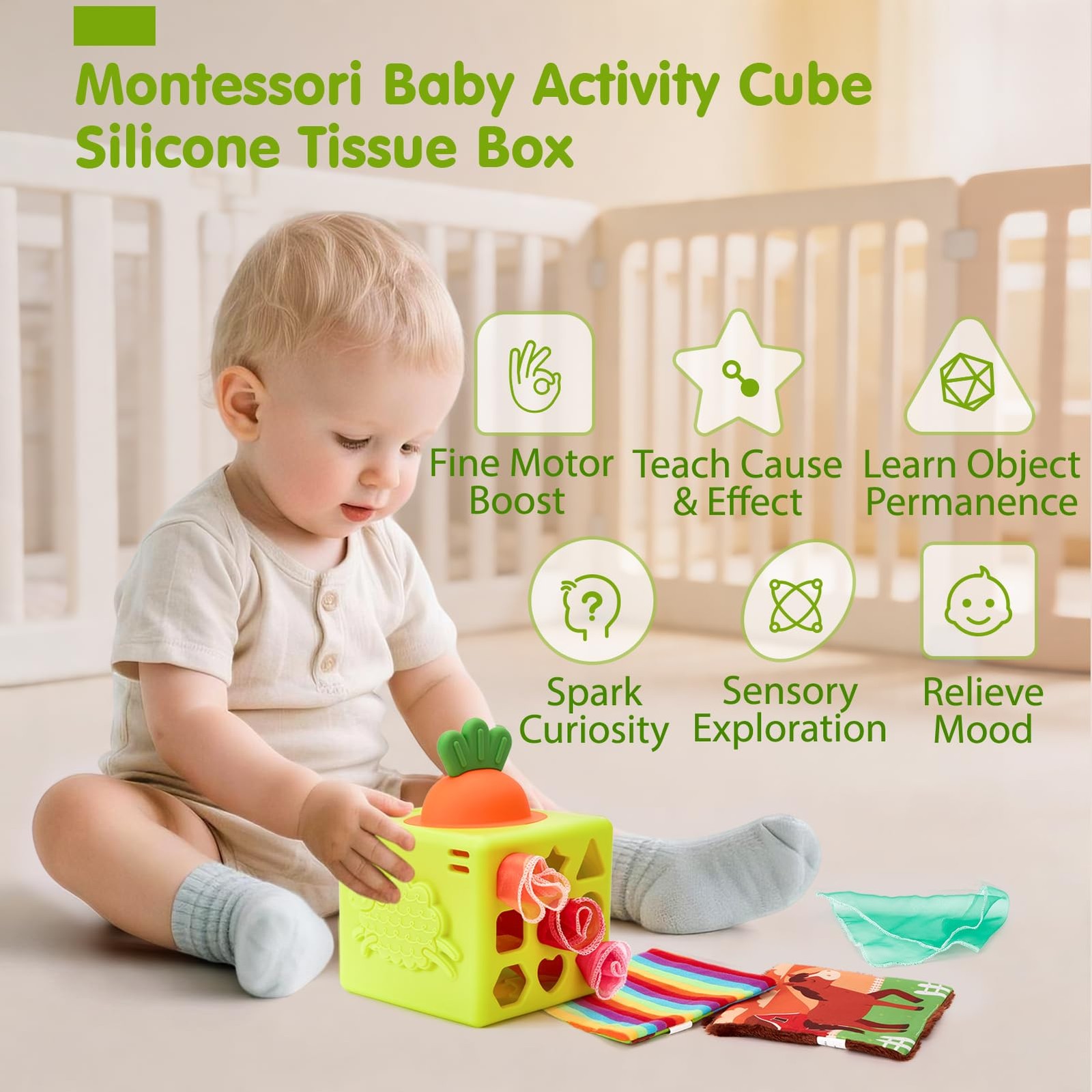 hahaland Silicone Baby Tissue Box Toy – Toys 6-12 Months Medium, Green
