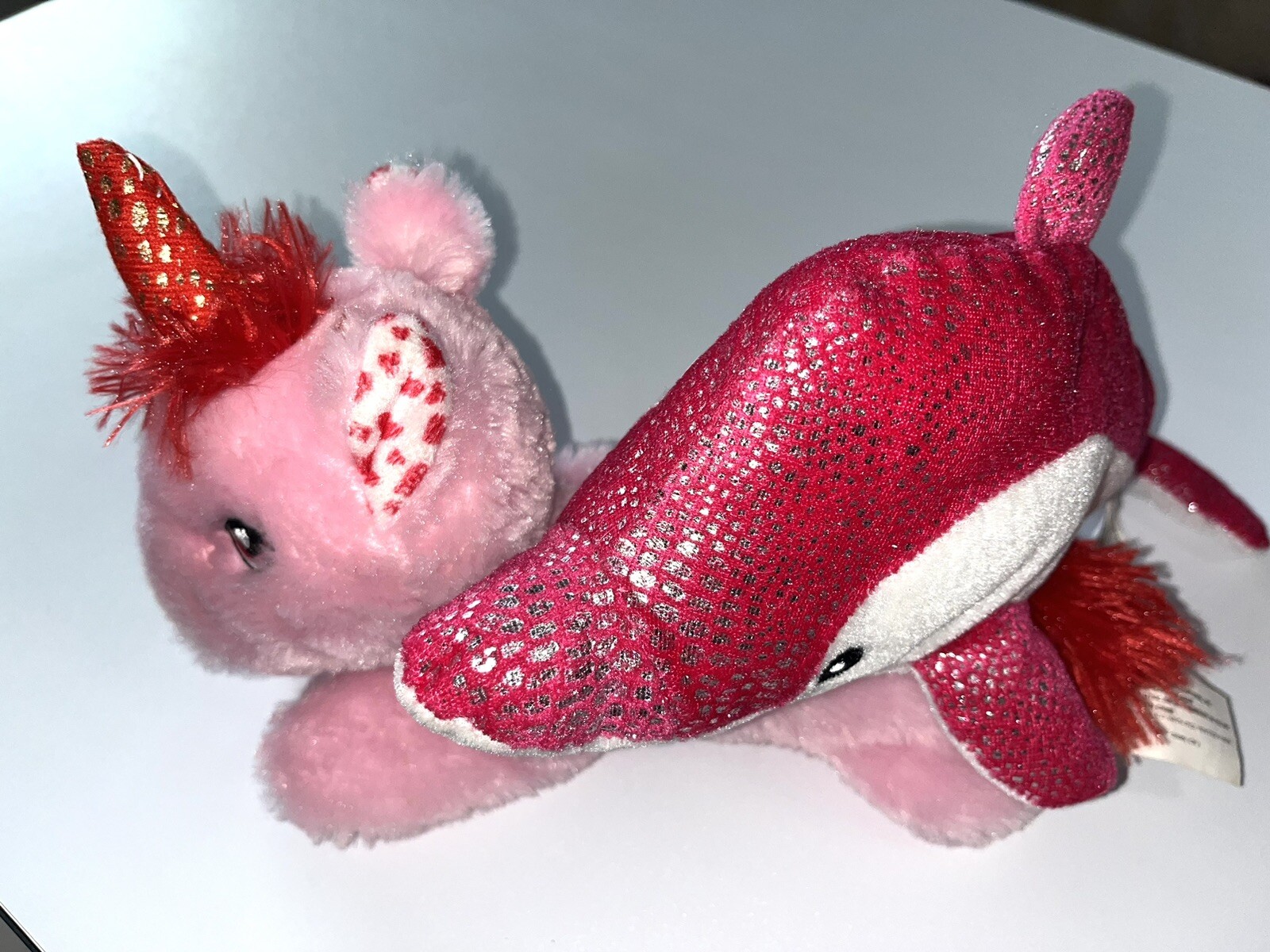 Bundle 2 Kids Stuffed Toys. Pink Dolphin Right Side Colored &Unicorn 10-11 Inch