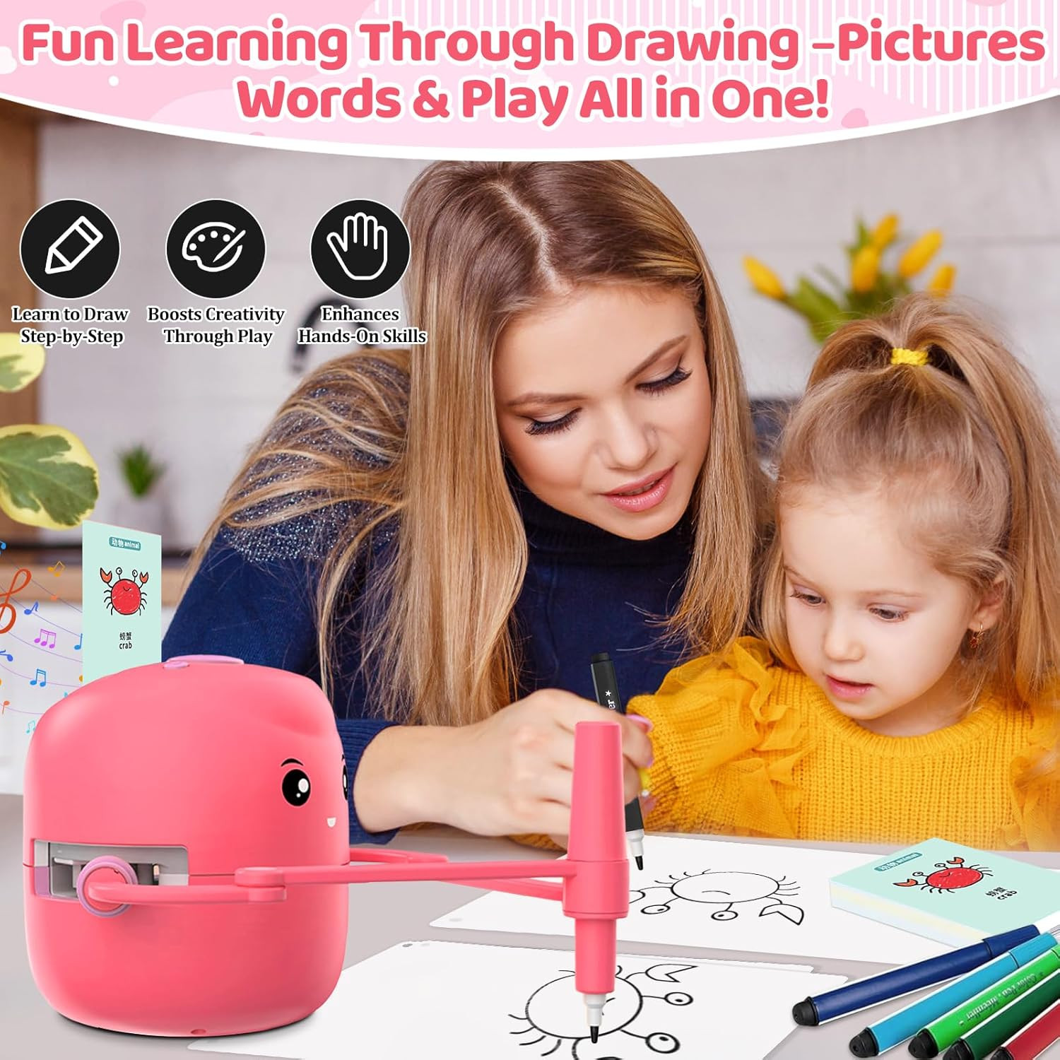 Drawing Robot for Kids with 150 Learning Cards and 17 Colorful Pens, Voice Inter