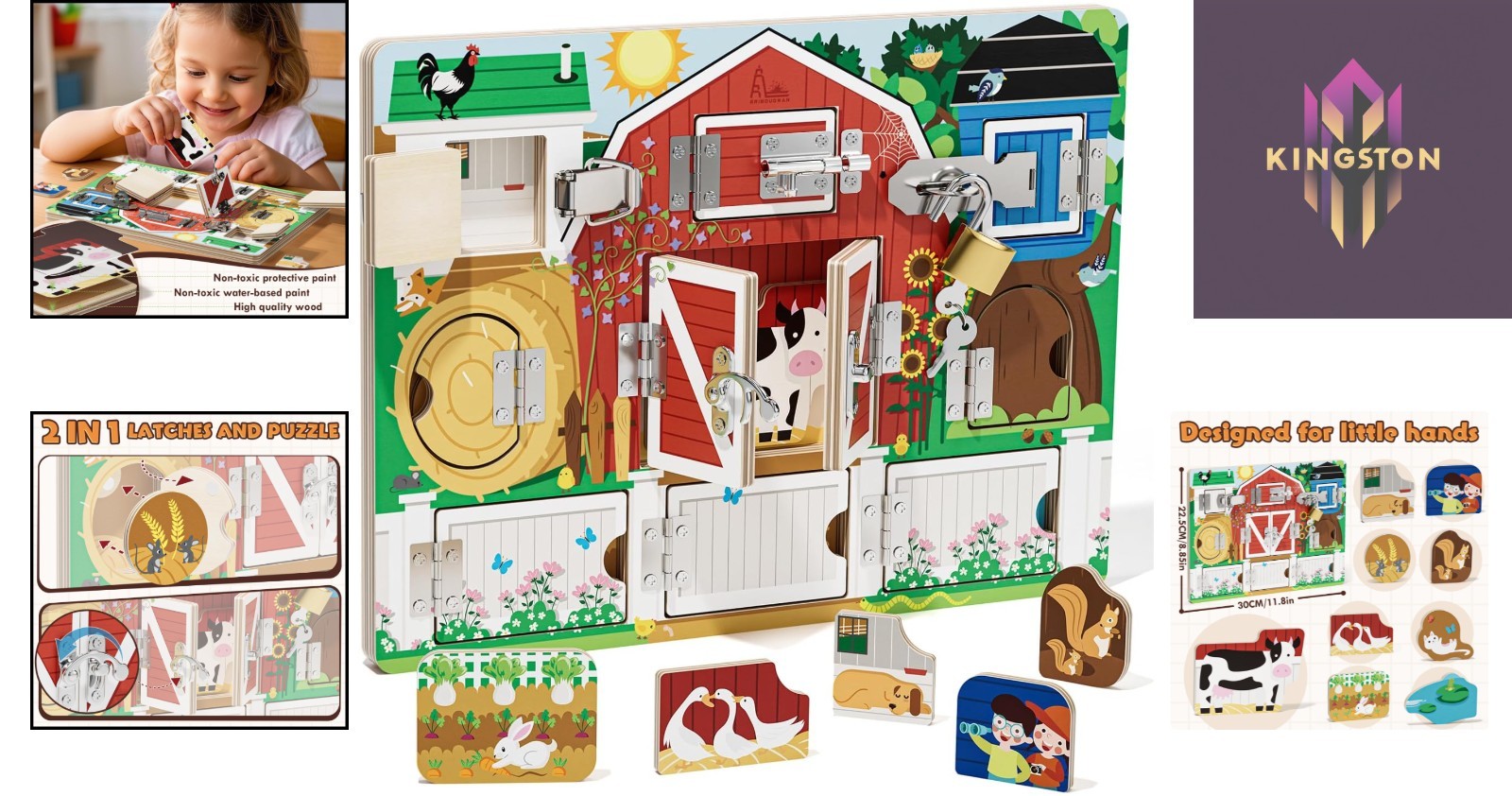 Interactive Montessori Farm Toy – Wooden Busy Board with 9 Puzzles for Toddlers