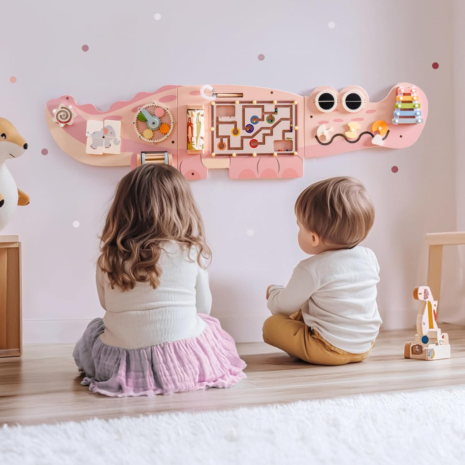Pink Montessori Crocodile Busy Board Wall Panel for Toddler Fun & Learning