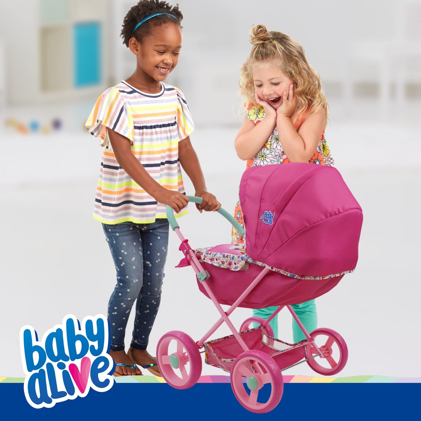 Deluxe Baby Doll Pram – Pink & Rainbow, Fits 18″ Dolls, Large Canopy, Storage Ba