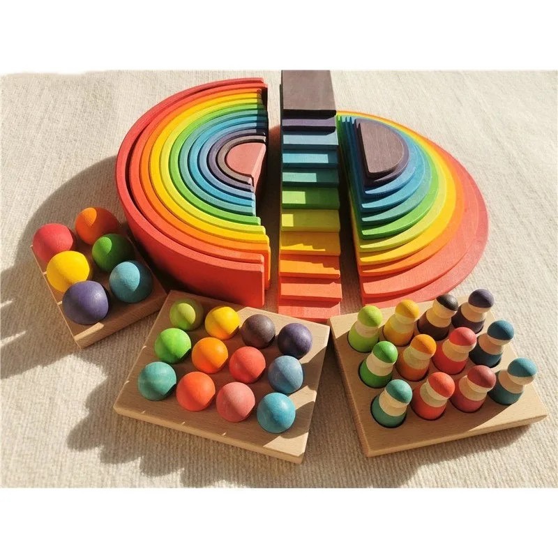 Wooden Rainbow Arch Stacking Blocks Montessori Sorting Peg Dolls Kids Toy