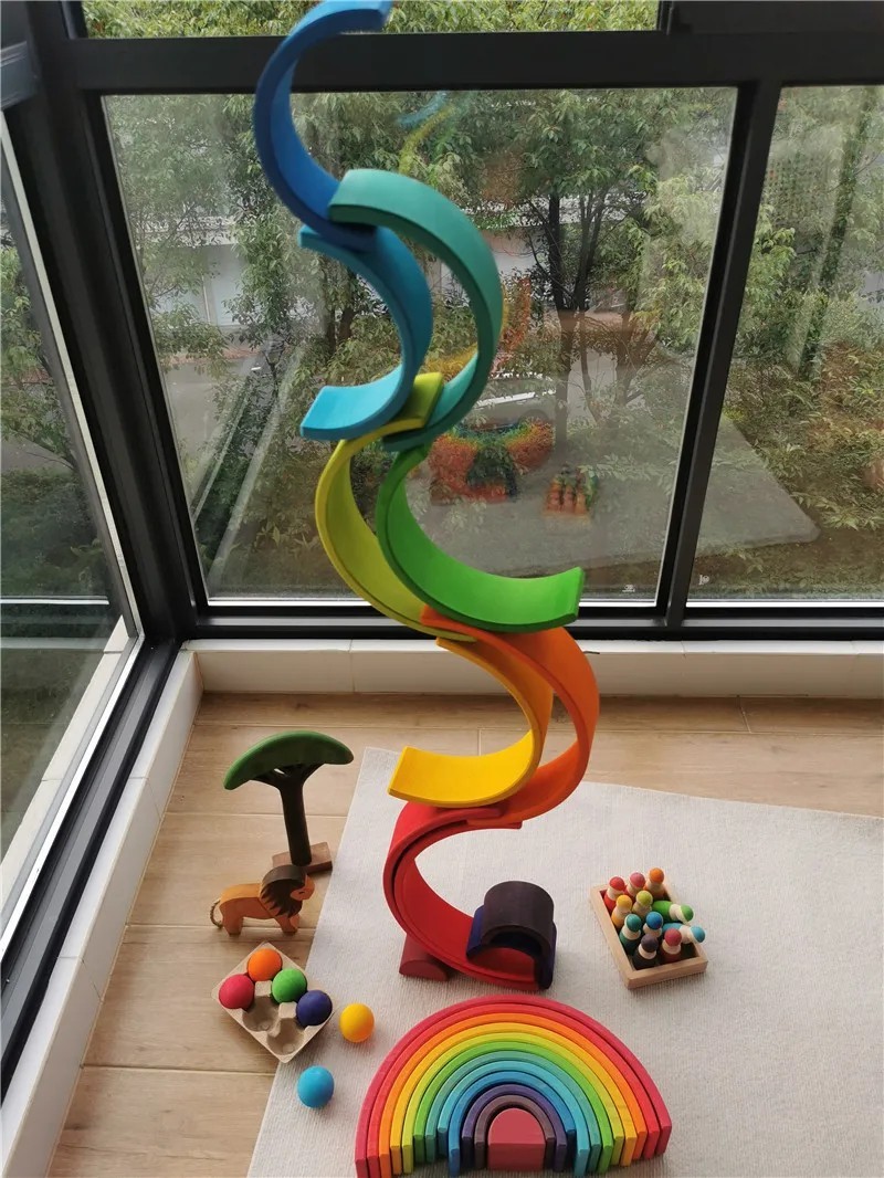 Wooden Rainbow Arch Stacking Blocks Montessori Sorting Peg Dolls Kids Toy