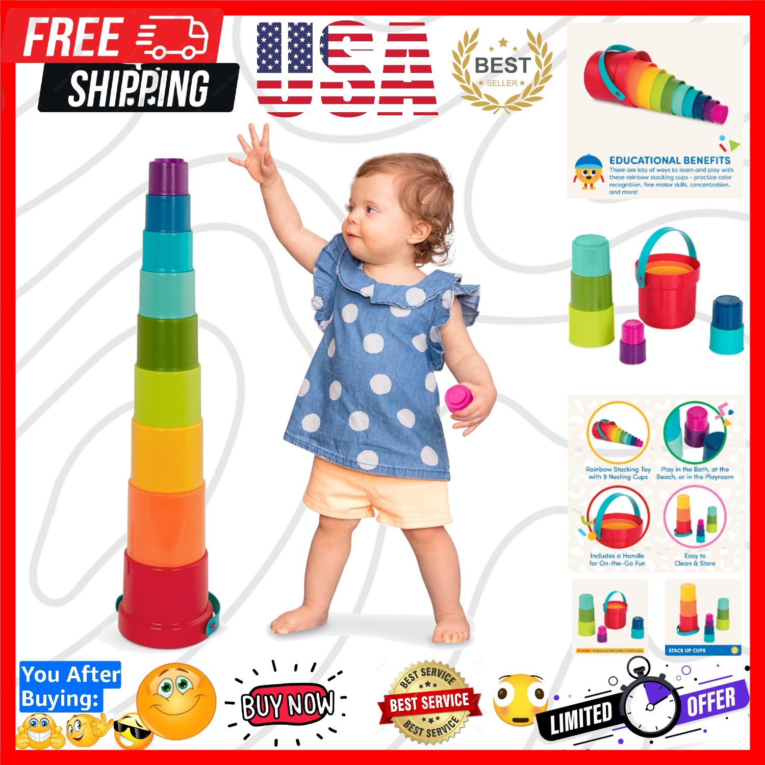 Stacking Toy – Educational & Dexterity Toy – Nesting Cup Playset – Water & Be…