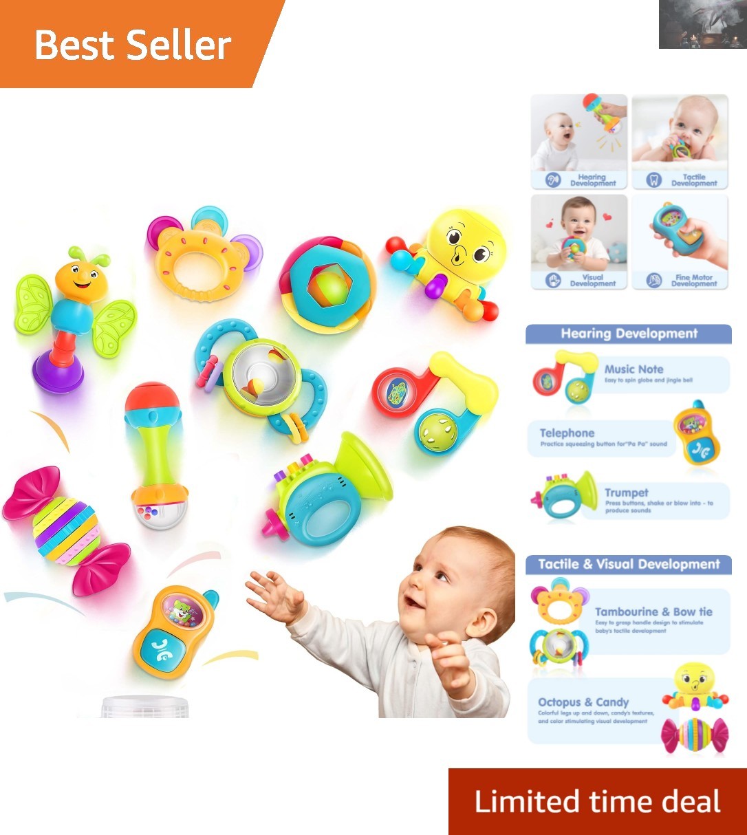 Infant Sensory Rattles Set – 10 Colorful Teething Toys for 0-12 Babies
