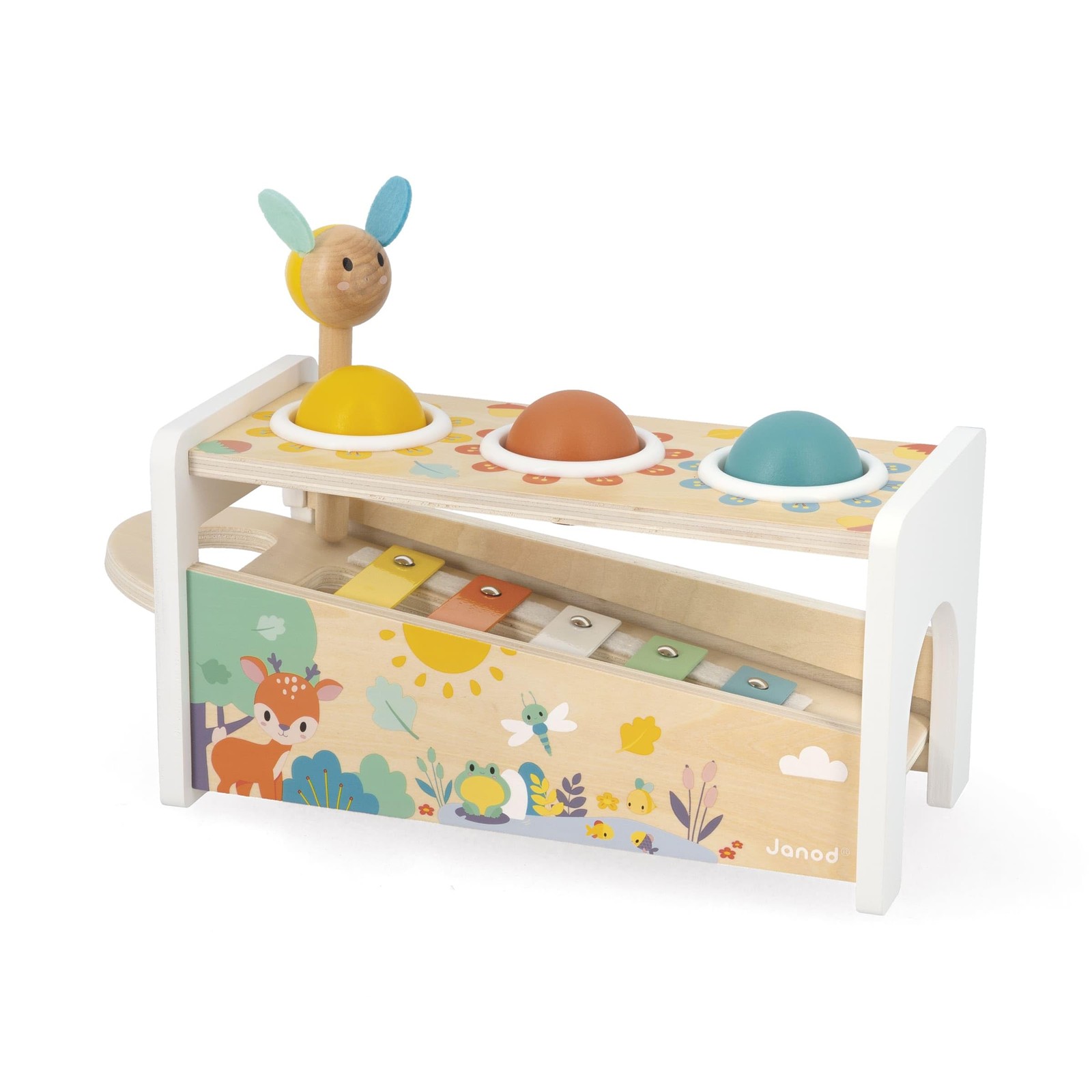 Janod Pure Tap Pastel Wooden Xylophone Pounding Bench Cherry Wood Balls Bee