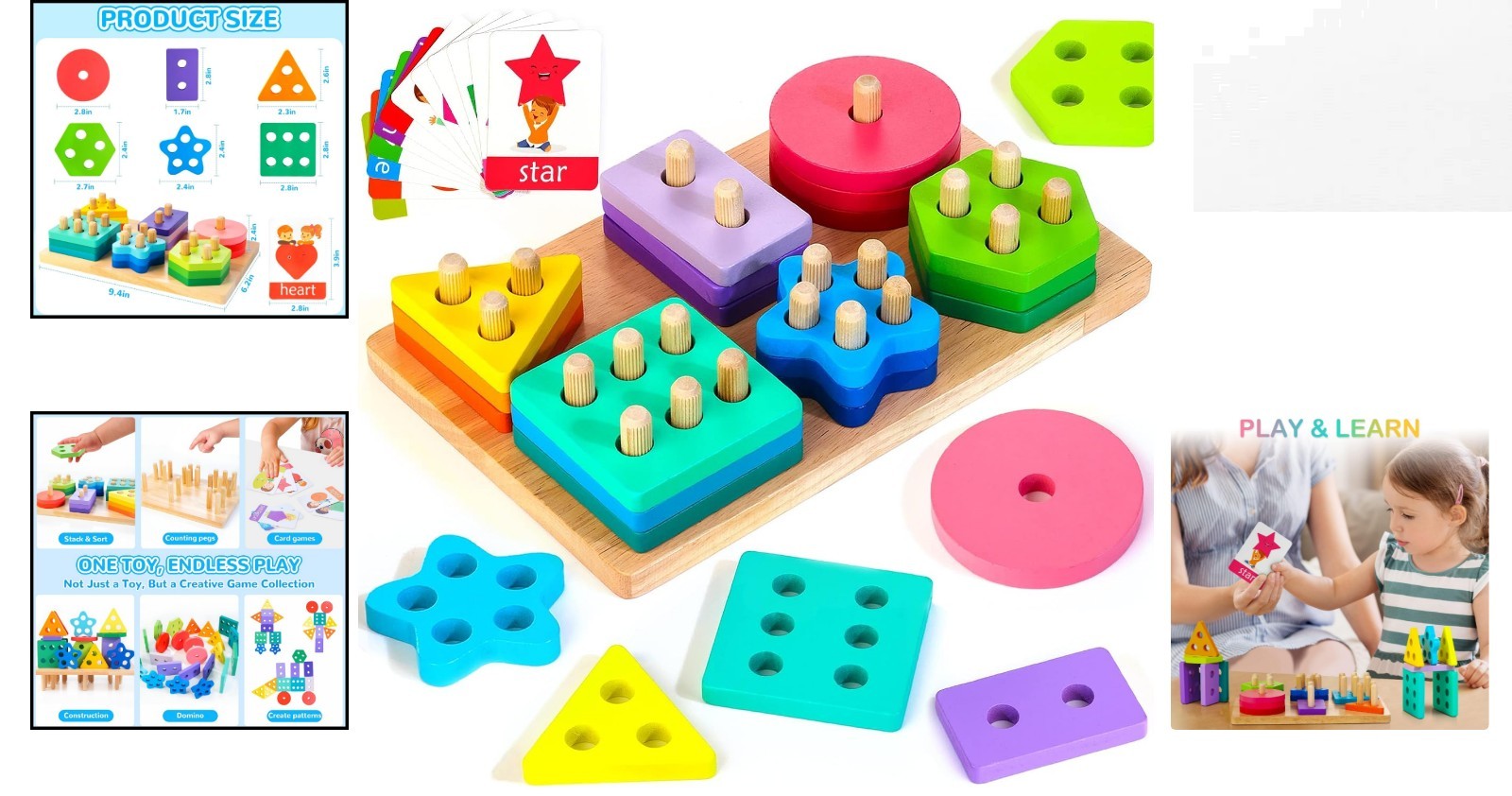 24-Piece Rainbow Stacking Toys with Shapes & Word Cards for Toddlers 12+
