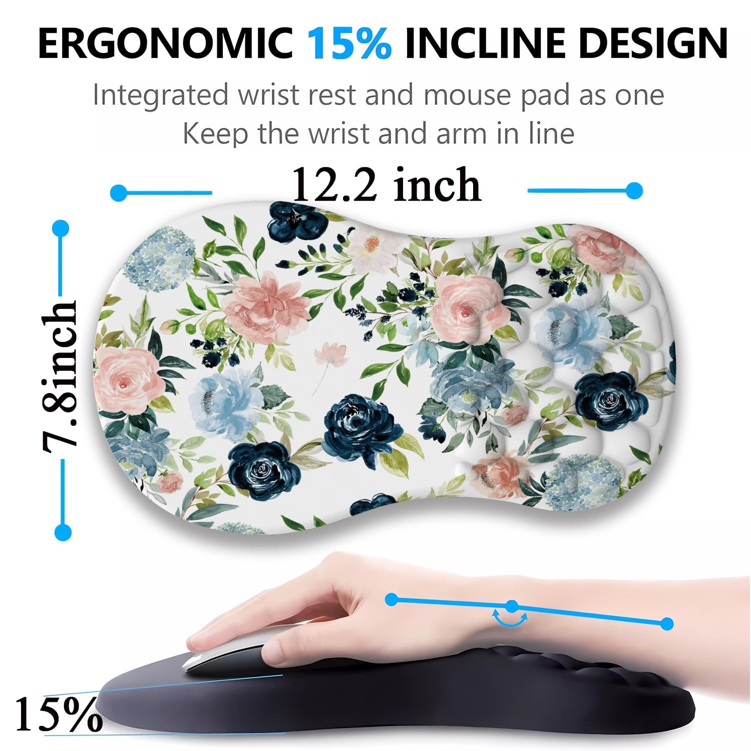 Plant Flowers Rose Leaf Mouse Pad With Wrist Support, Blue Pink Kawai Ergonom…