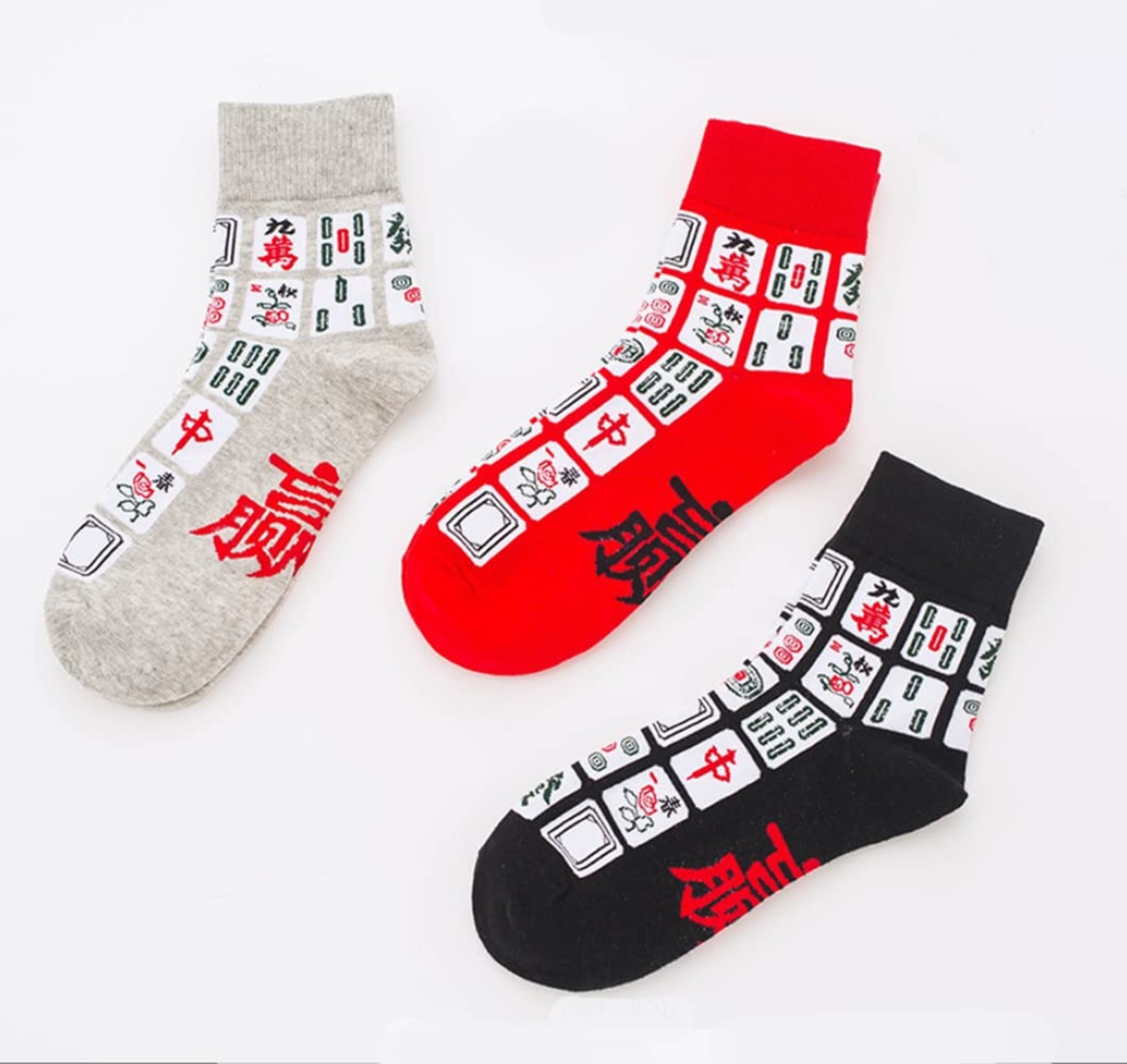 Creative Mah Jong Print Novelty Cotton Crew Socks 3 Pairs for Men Women 6-12