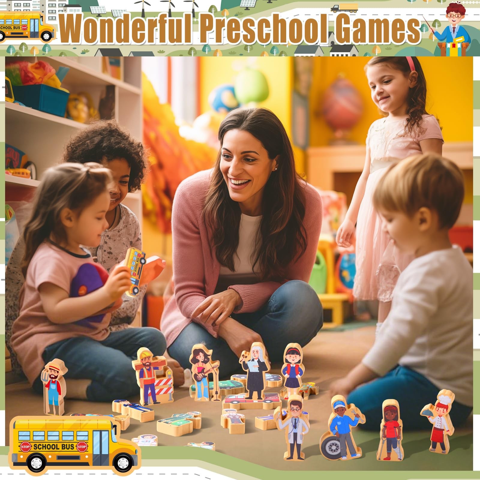 40 Pcs Wooden Community Helpers Toys Wooden Cars Set Wood People Figures Mult…