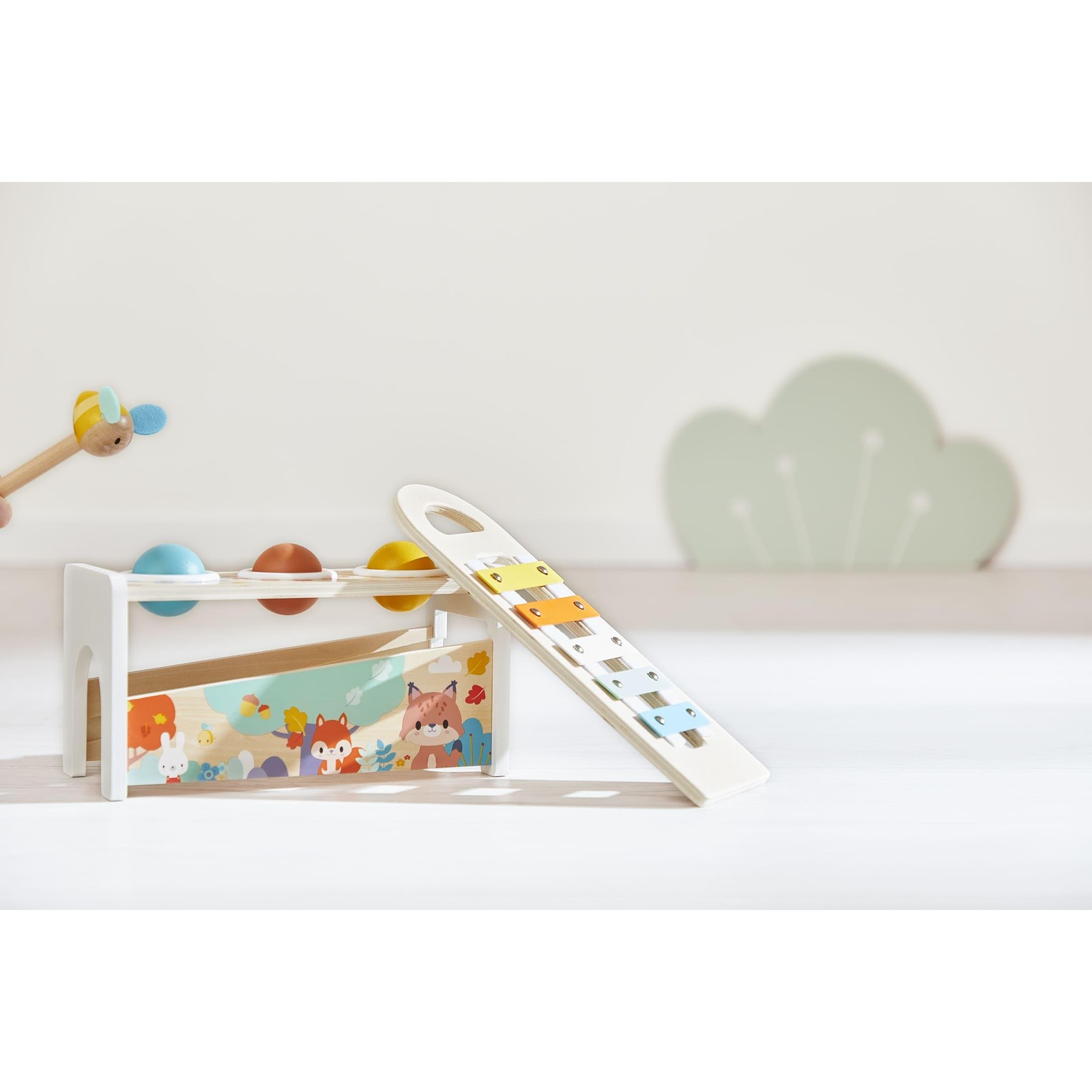 Janod Pure Tap Pastel Wooden Xylophone Pounding Bench Cherry Wood Balls Bee