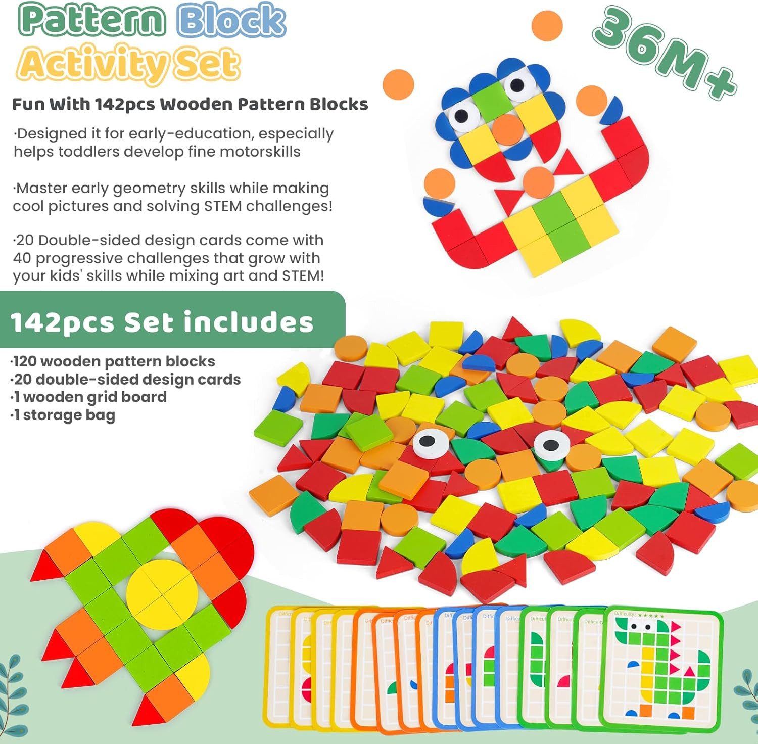 Wooden Pattern Blocks with Grid Board 142PCS Wood Mosaic Tiles Montessori Shape