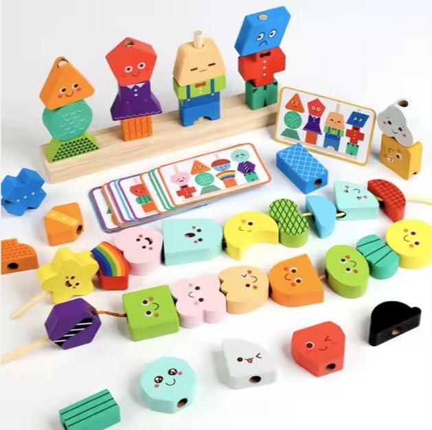 Montessori Wooden Stacking Blocks Sequencing Game Lacing Beads Toy Set for Ki…