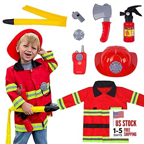 Fireman Costume for Kids 3 4 5 Years Old, Firefighter Tools with Fire