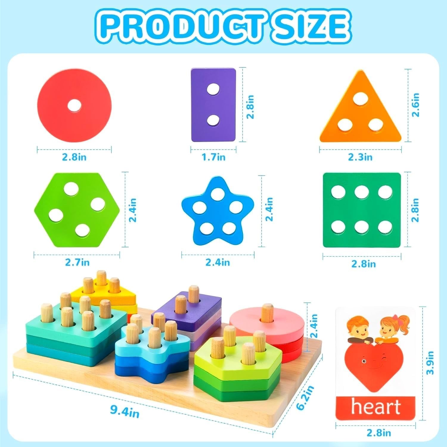 24-Piece Rainbow Stacking Toys with Shapes & Word Cards for Toddlers 12+